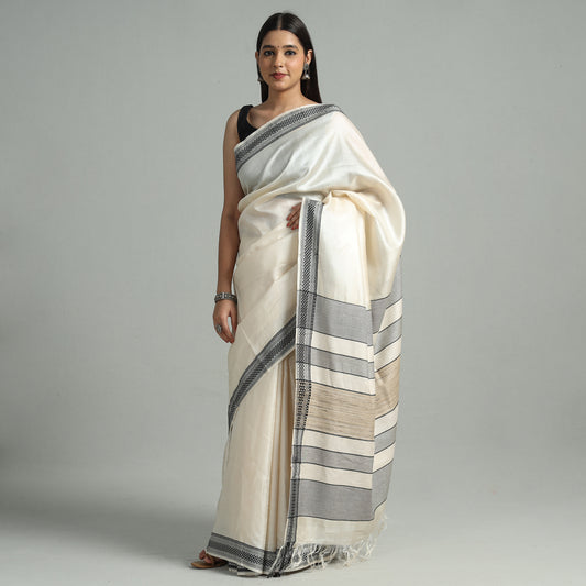 White - Traditional Vidarbha Tussar Silk Handloom Saree with Woven Border 42
