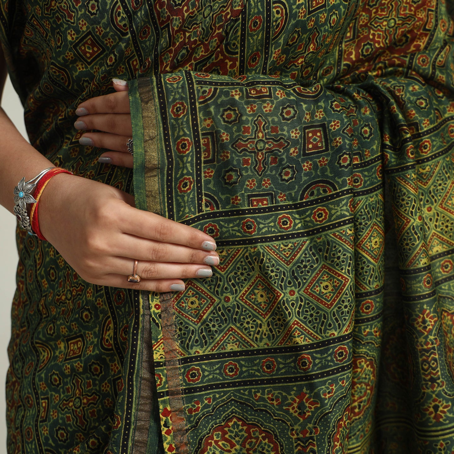 Green - Chanderi Silk Block Printed Ajrakh Saree 12