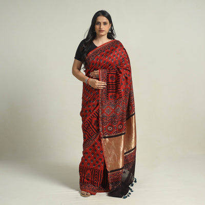 Red - Chanderi Silk Block Printed Ajrakh Saree 13