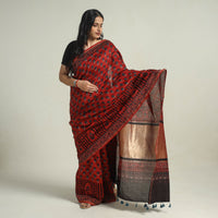 Red - Chanderi Silk Block Printed Ajrakh Saree 13