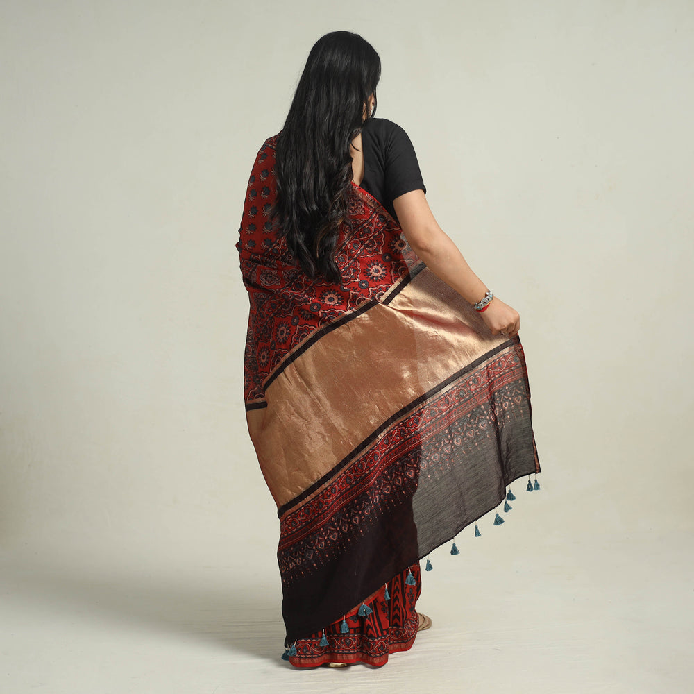 Red - Chanderi Silk Block Printed Ajrakh Saree 13