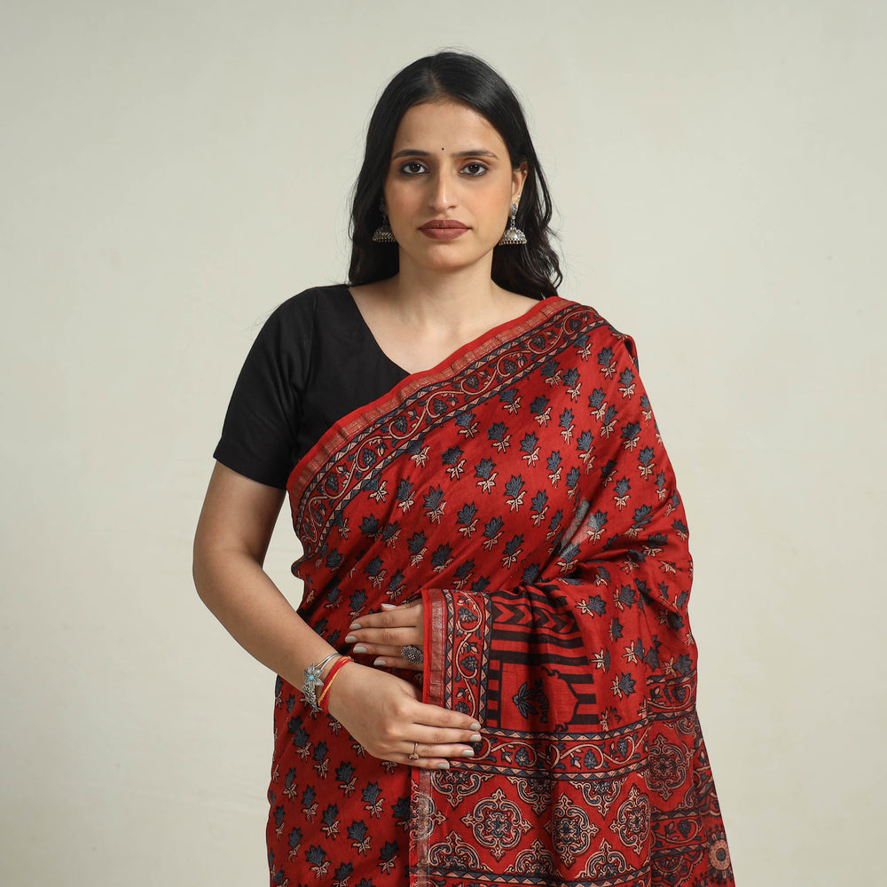 Red - Chanderi Silk Block Printed Ajrakh Saree 13