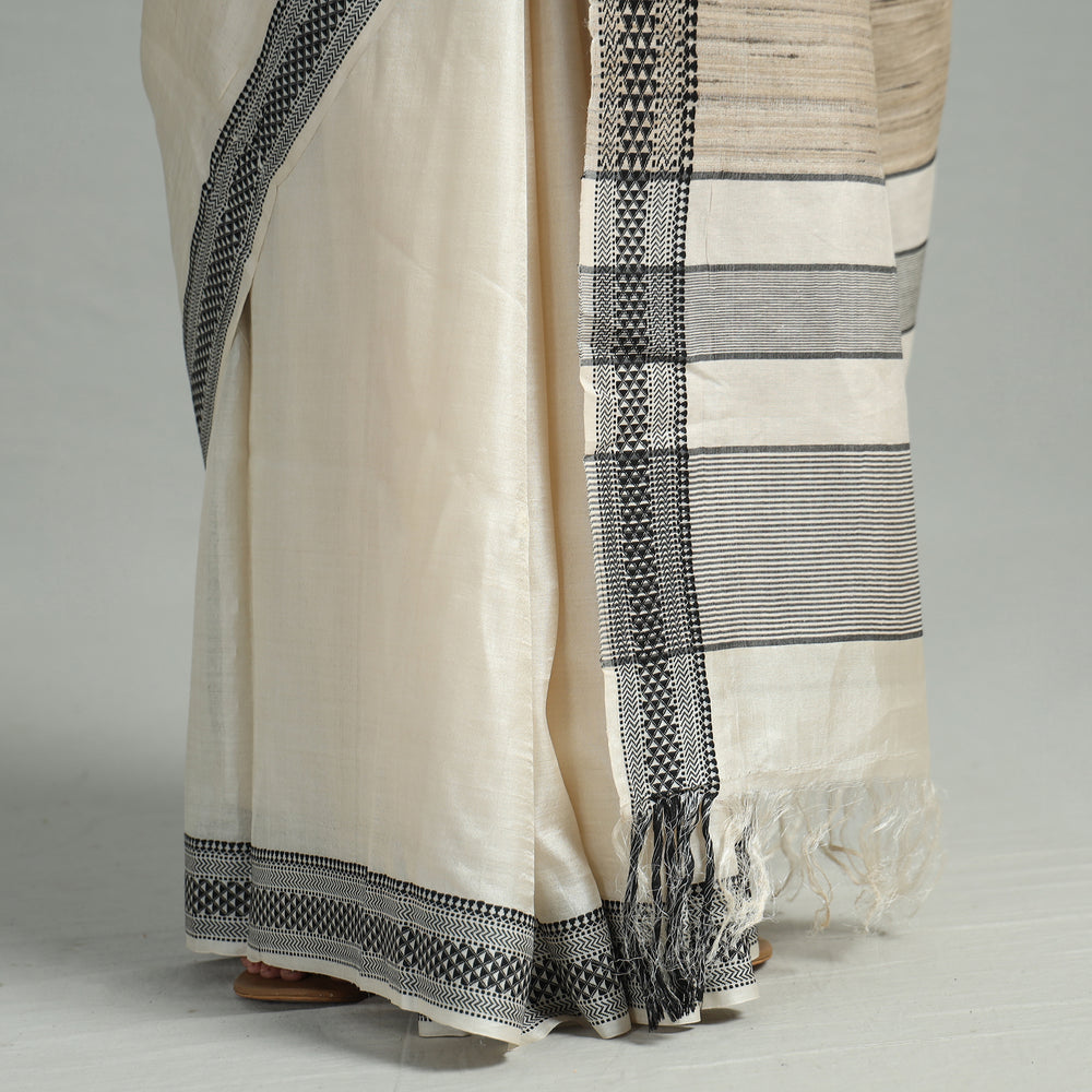 White - Traditional Vidarbha Tussar Silk Handloom Saree with Woven Border 42