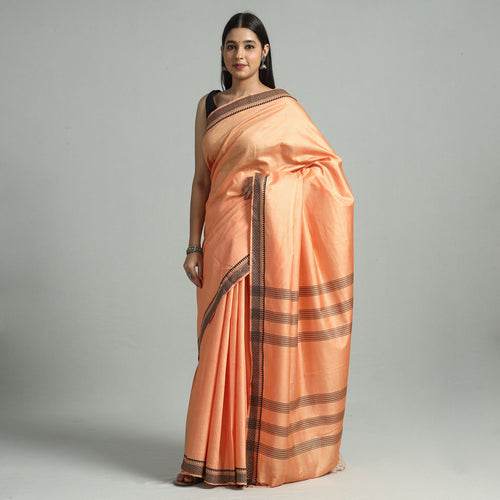 Peach - Traditional Vidarbha Tussar Silk Cotton Handloom Saree with Woven Border 43