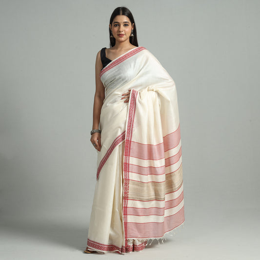 White - Traditional Vidarbha Tussar Silk Handloom Saree with Woven Border 44