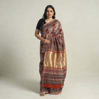 Brown - Chanderi Silk Block Printed Ajrakh Saree 15