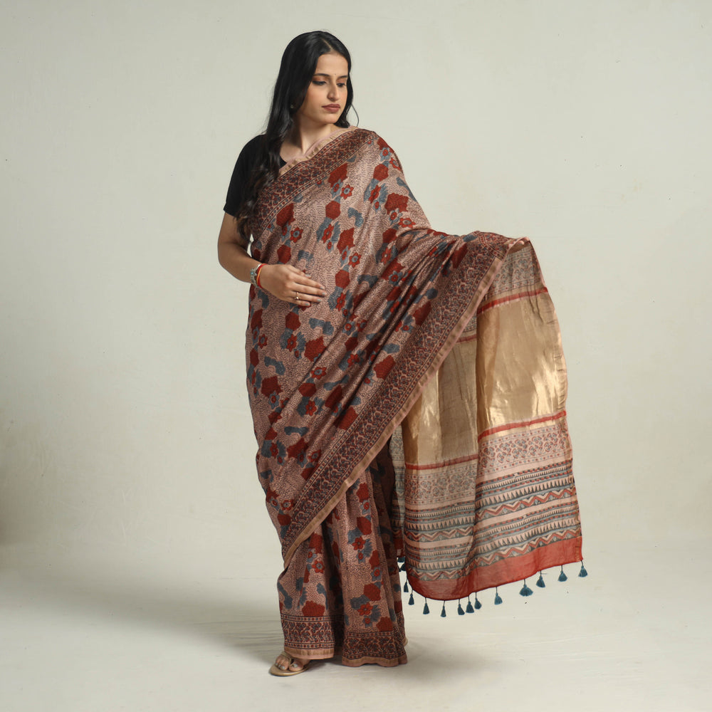 Brown - Chanderi Silk Block Printed Ajrakh Saree 15