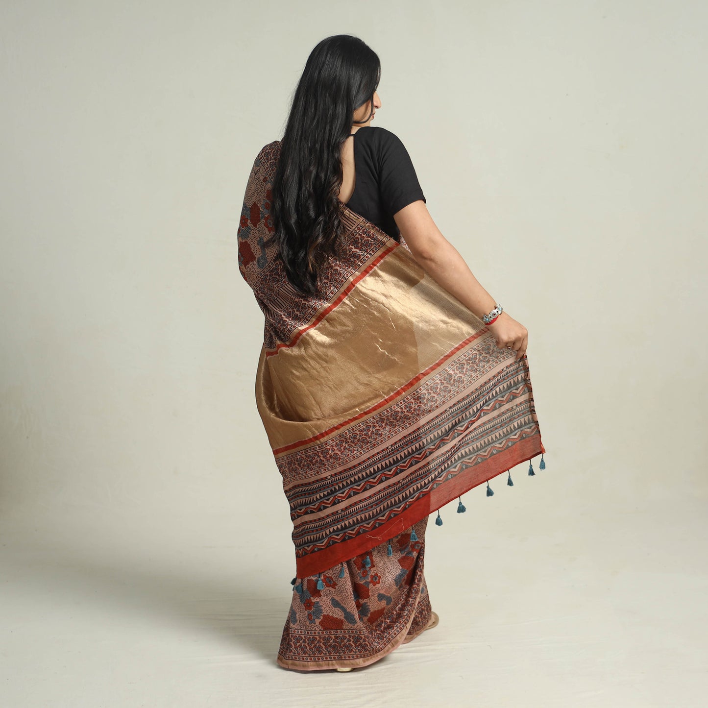 Brown - Chanderi Silk Block Printed Ajrakh Saree 15