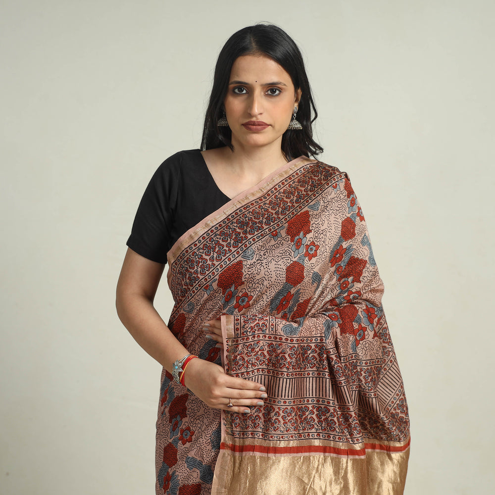 Brown - Chanderi Silk Block Printed Ajrakh Saree 15