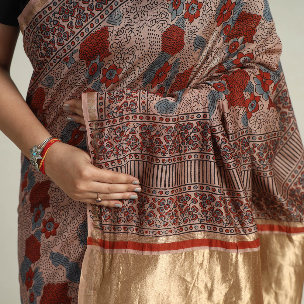 Brown - Chanderi Silk Block Printed Ajrakh Saree 15