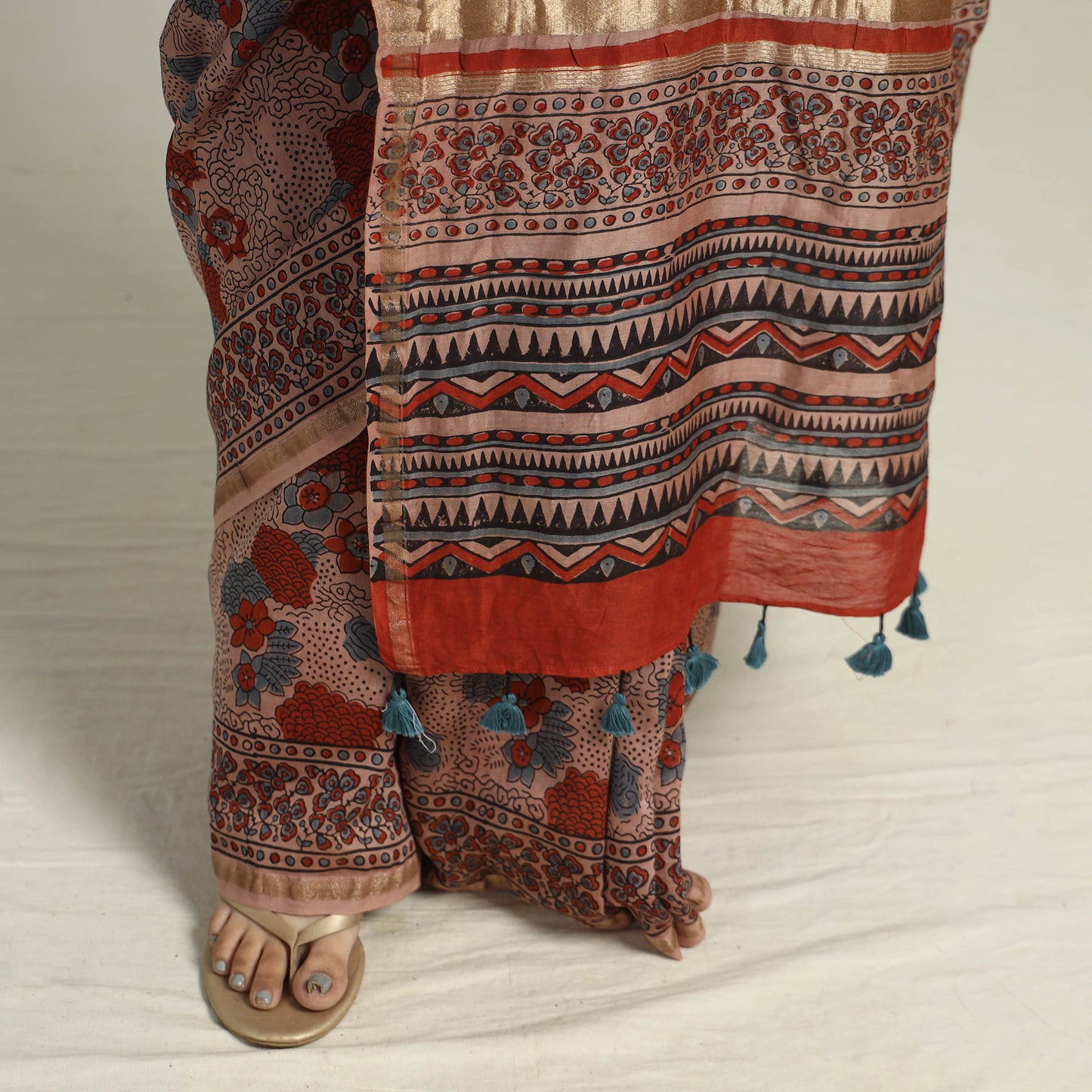 Brown - Chanderi Silk Block Printed Ajrakh Saree 15