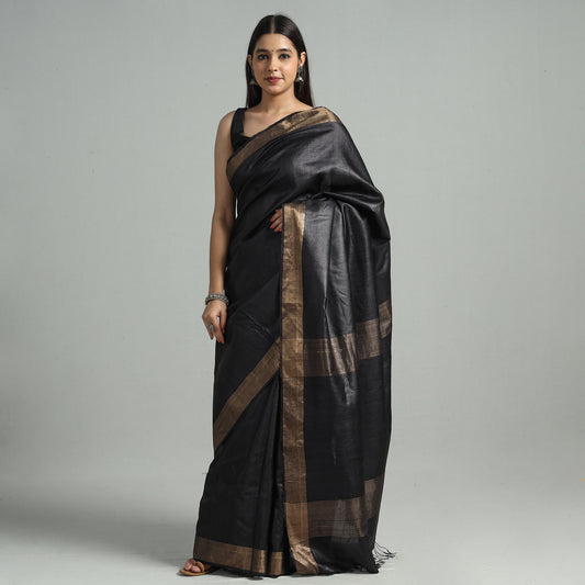 Black - Traditional Vidarbha Desi Tussar Silk Handloom Saree with Zari Border 46