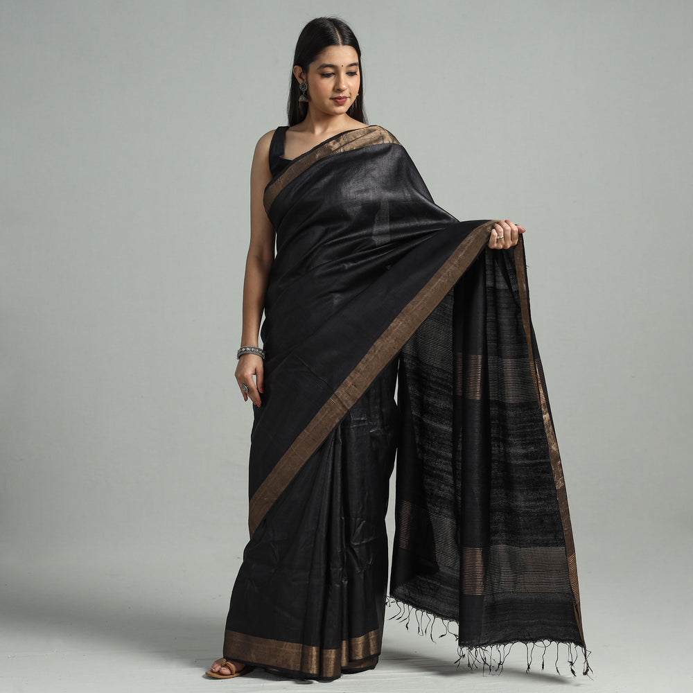 Black - Traditional Vidarbha Desi Tussar Silk Handloom Saree with Zari Border 46