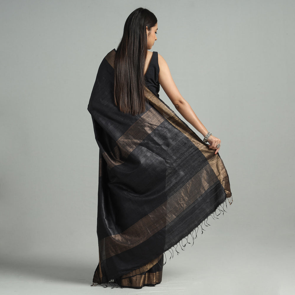 Black - Traditional Vidarbha Desi Tussar Silk Handloom Saree with Zari Border 46