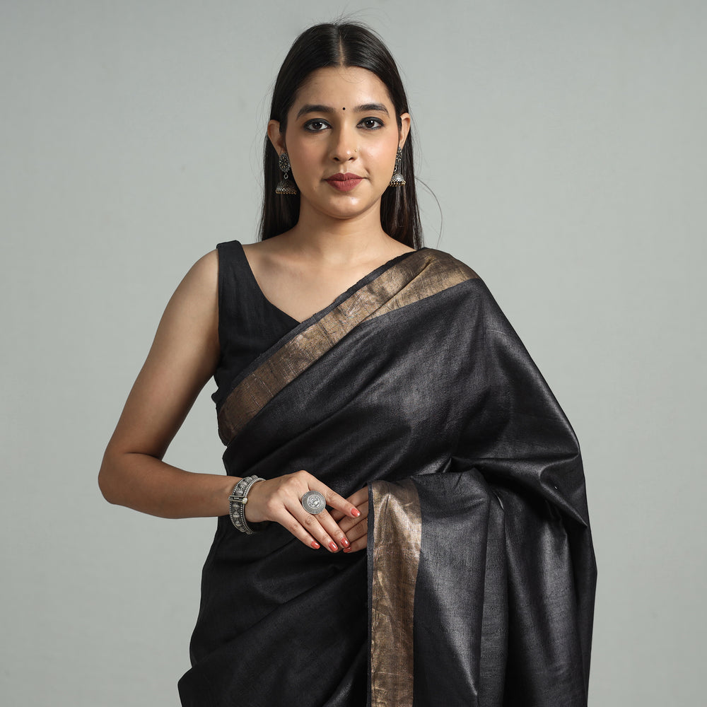 Black - Traditional Vidarbha Desi Tussar Silk Handloom Saree with Zari Border 46