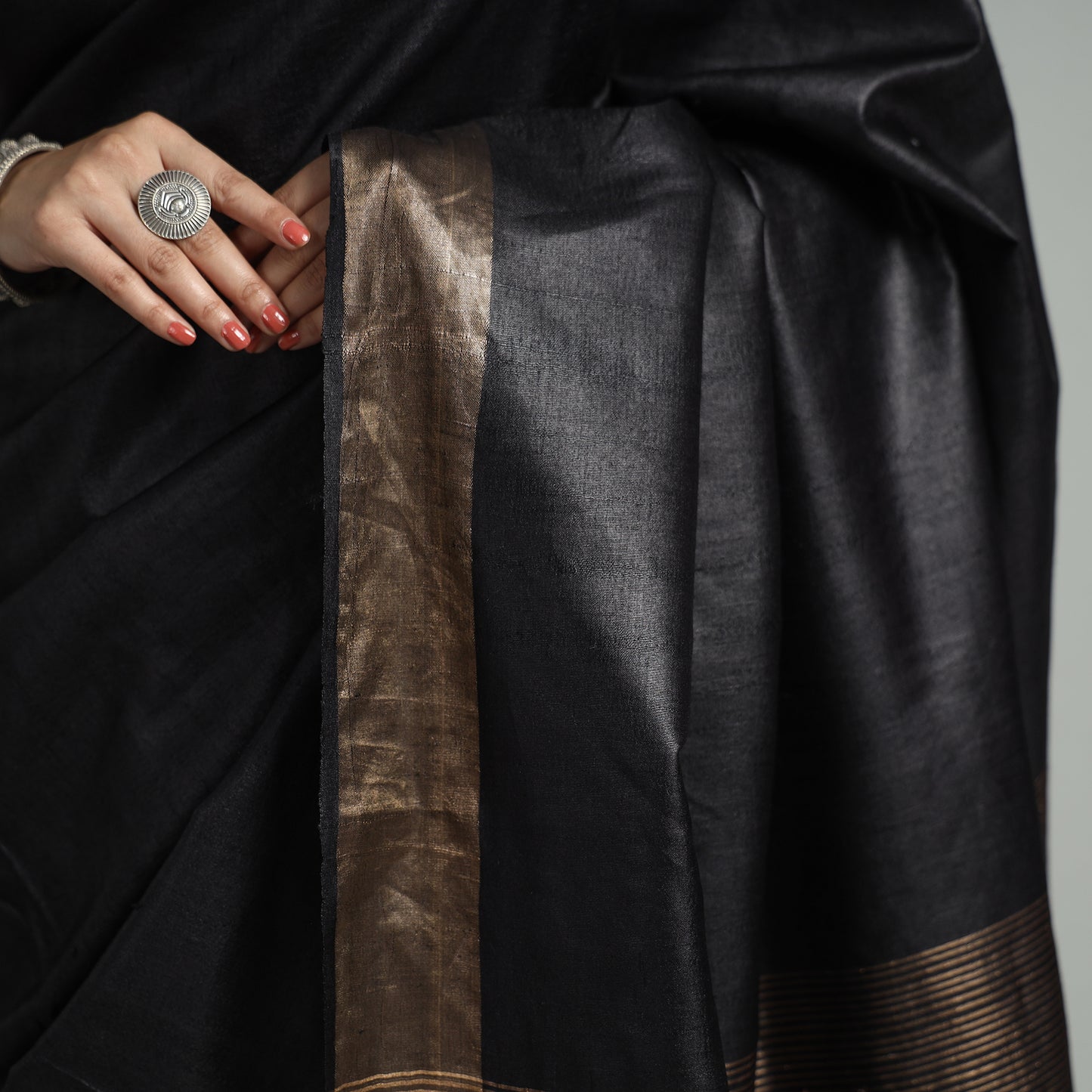 Black - Traditional Vidarbha Desi Tussar Silk Handloom Saree with Zari Border 46