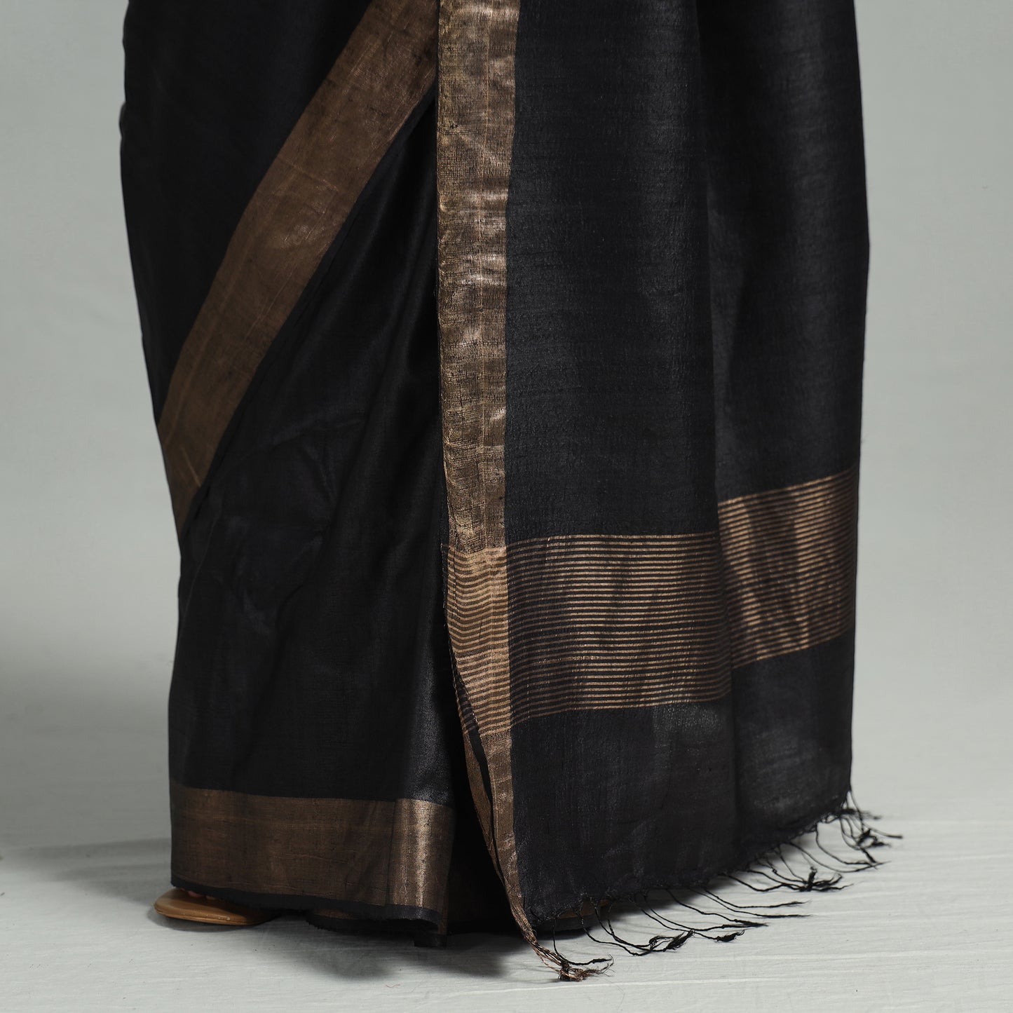 Black - Traditional Vidarbha Desi Tussar Silk Handloom Saree with Zari Border 46