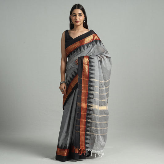 Grey - Traditional Kanchipuram Cotton Saree with Zari Border 47