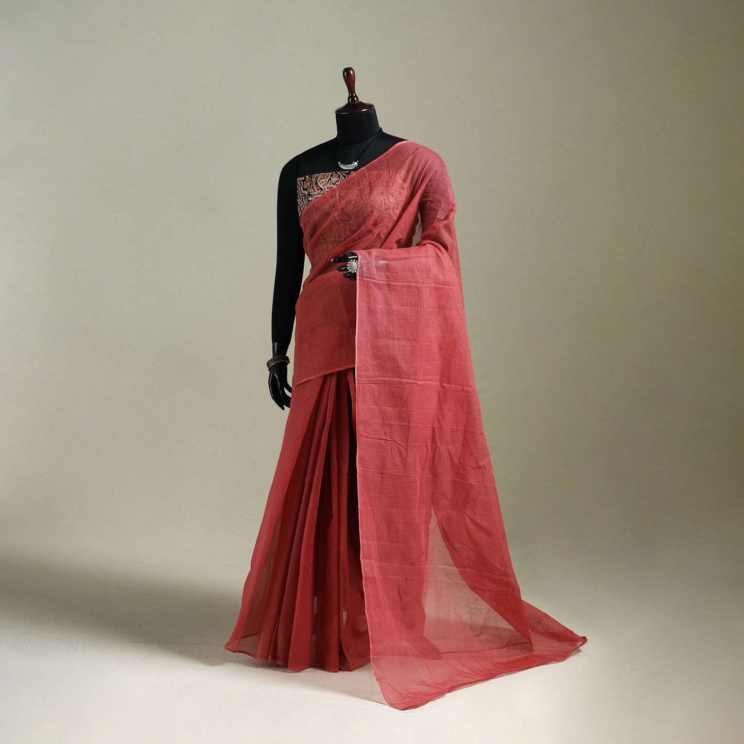 Red - Nazaakat Kota Doria Cotton Plain Saree with Blouse & Jewellery Set 60