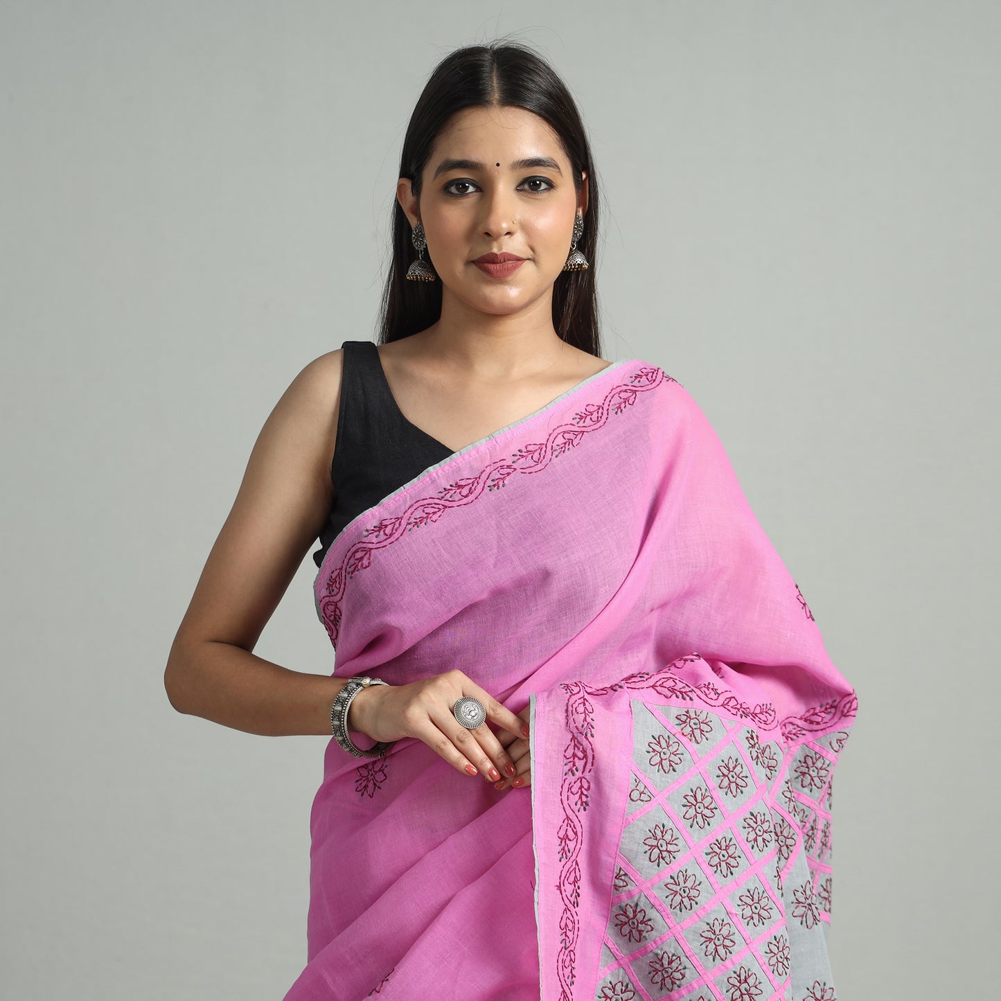 Pink - Lucknow Chikankari Hand Embroidery Pure Cotton Saree 48