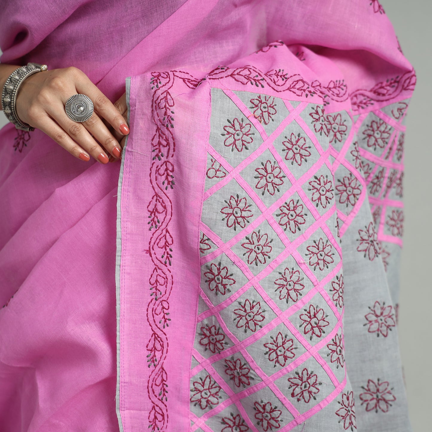 Pink - Lucknow Chikankari Hand Embroidery Pure Cotton Saree 48