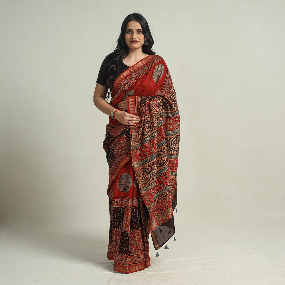 Red - Block Printed Chanderi Silk Ajrakh Saree 05