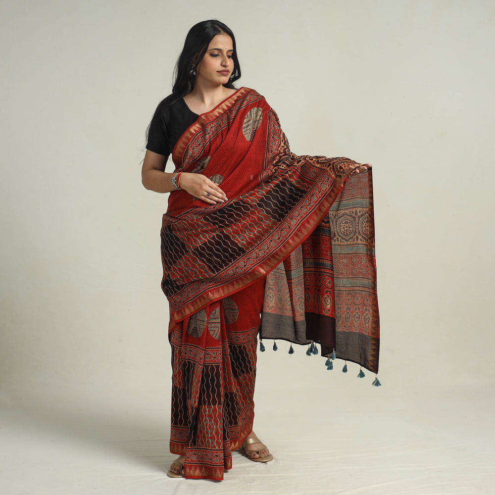 Red - Block Printed Chanderi Silk Ajrakh Saree 05