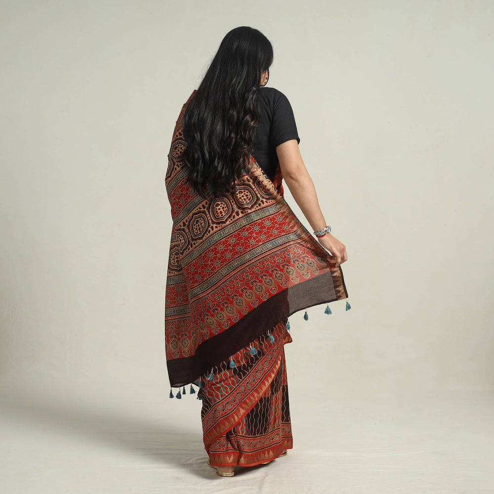 Red - Block Printed Chanderi Silk Ajrakh Saree 05