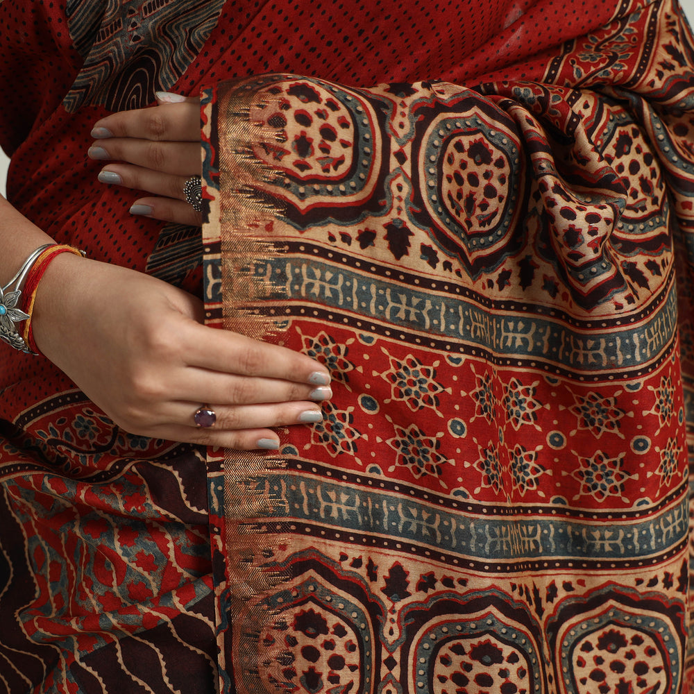 Red - Block Printed Chanderi Silk Ajrakh Saree 05