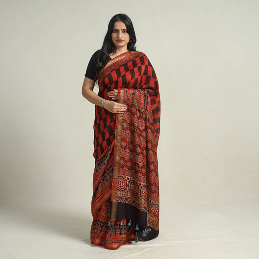 Red - Block Printed Chanderi Silk Ajrakh Saree 07