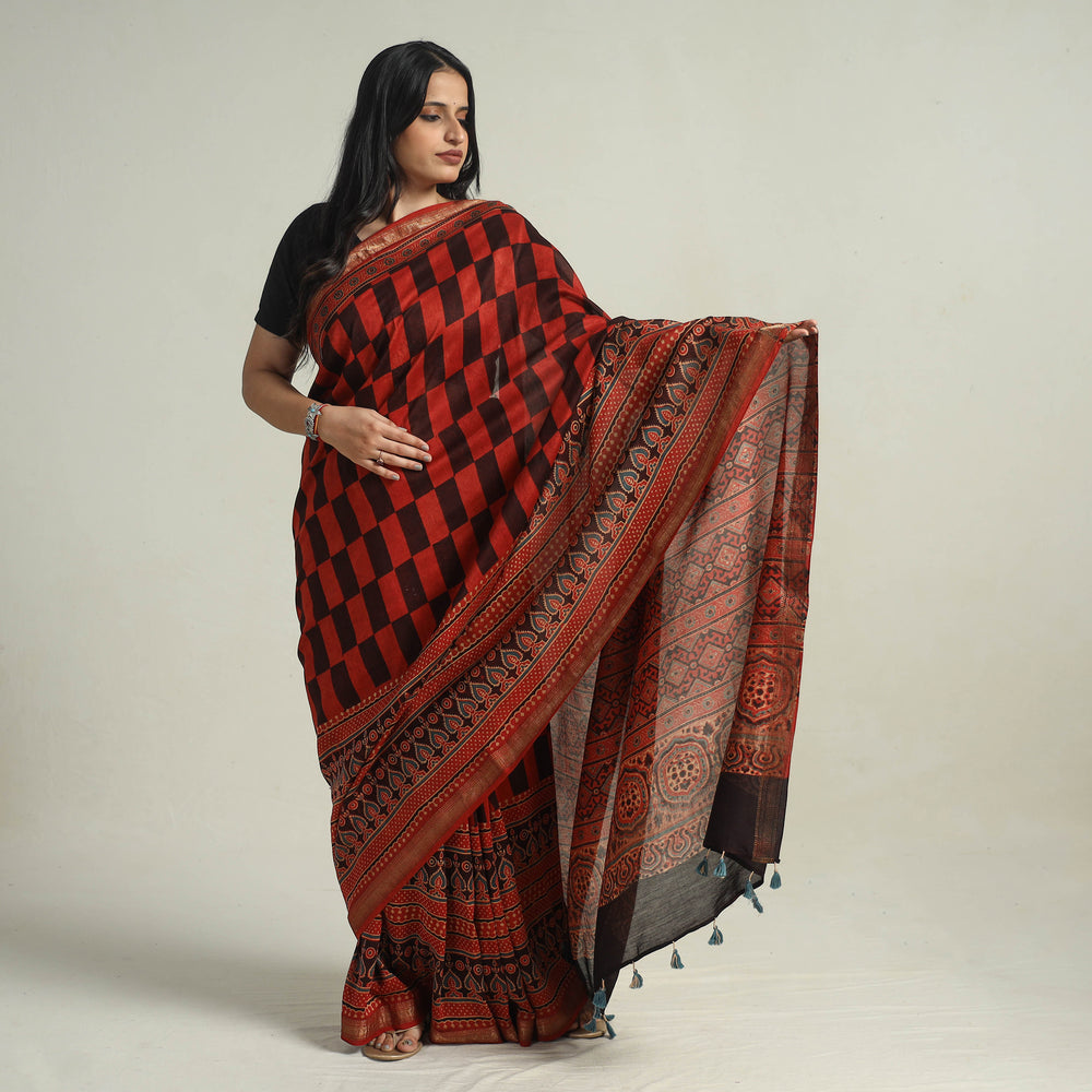 Red - Block Printed Chanderi Silk Ajrakh Saree 07