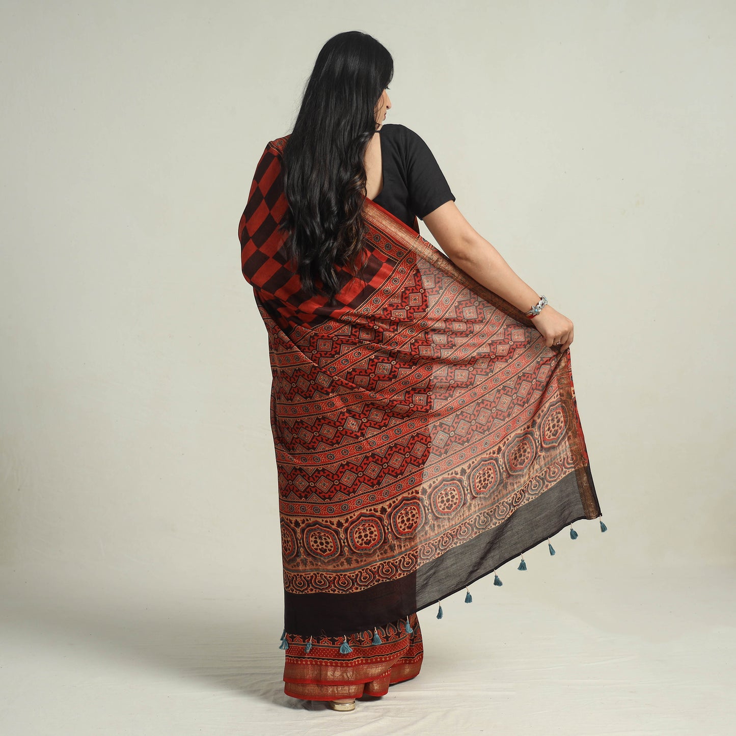 Red - Block Printed Chanderi Silk Ajrakh Saree 07