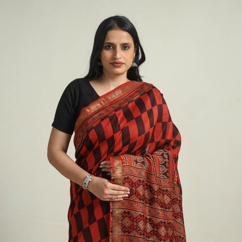 Red - Block Printed Chanderi Silk Ajrakh Saree 07