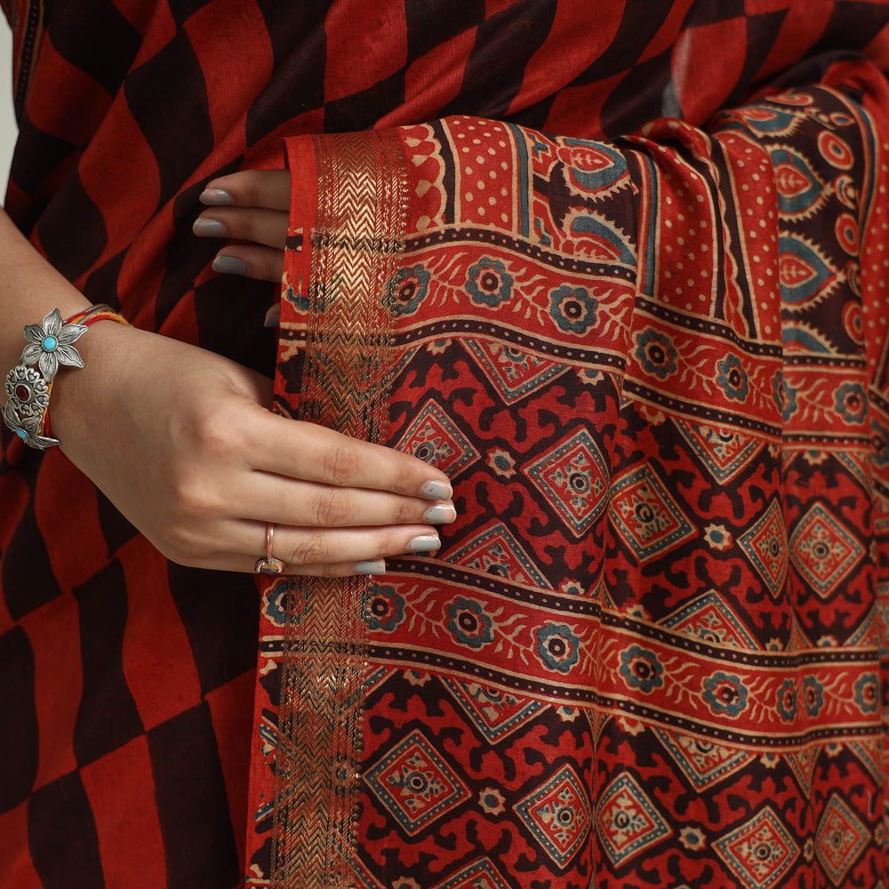 Red - Block Printed Chanderi Silk Ajrakh Saree 07