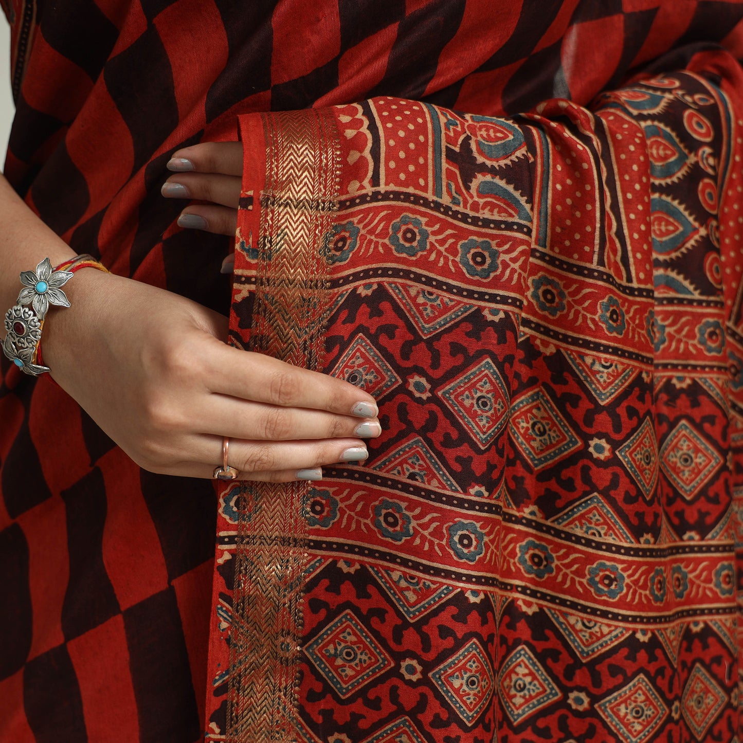 Red - Block Printed Chanderi Silk Ajrakh Saree 07