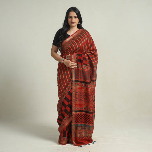 Red - Block Printed Chanderi Silk Ajrakh Saree 08