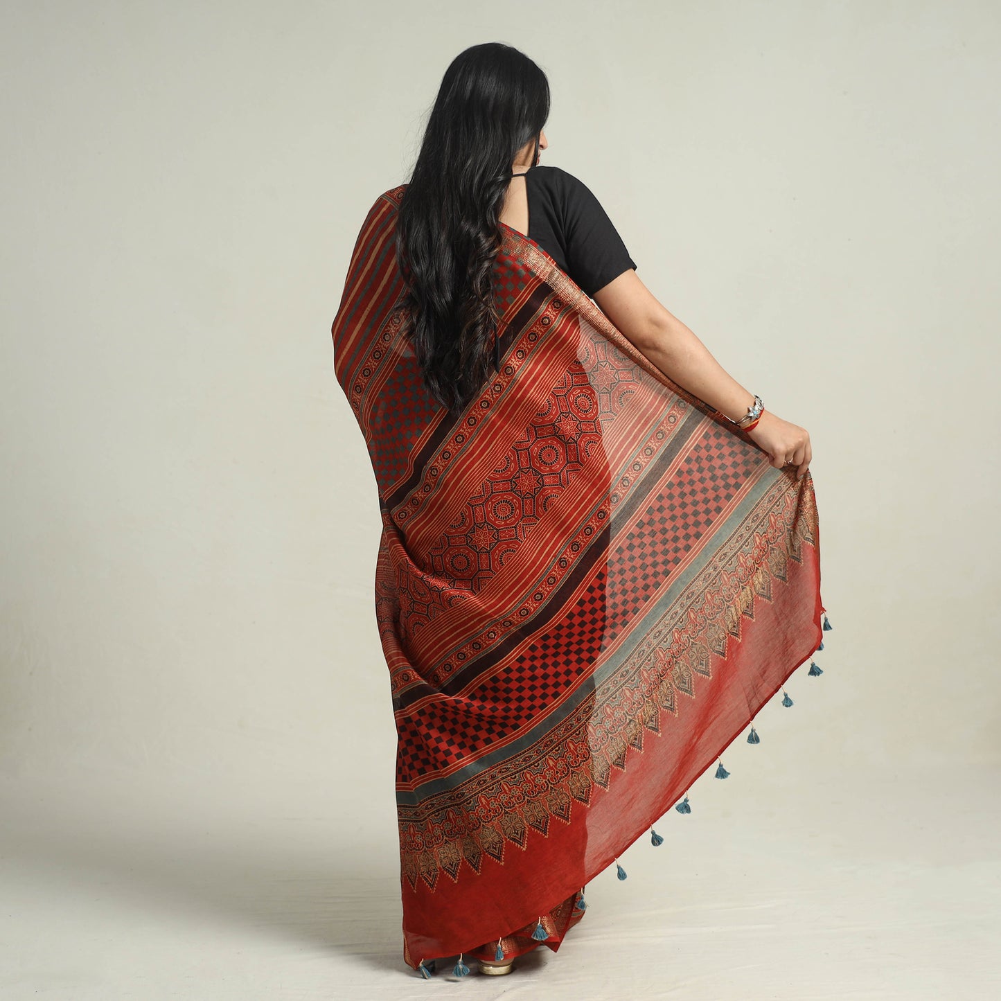 Red - Block Printed Chanderi Silk Ajrakh Saree 08