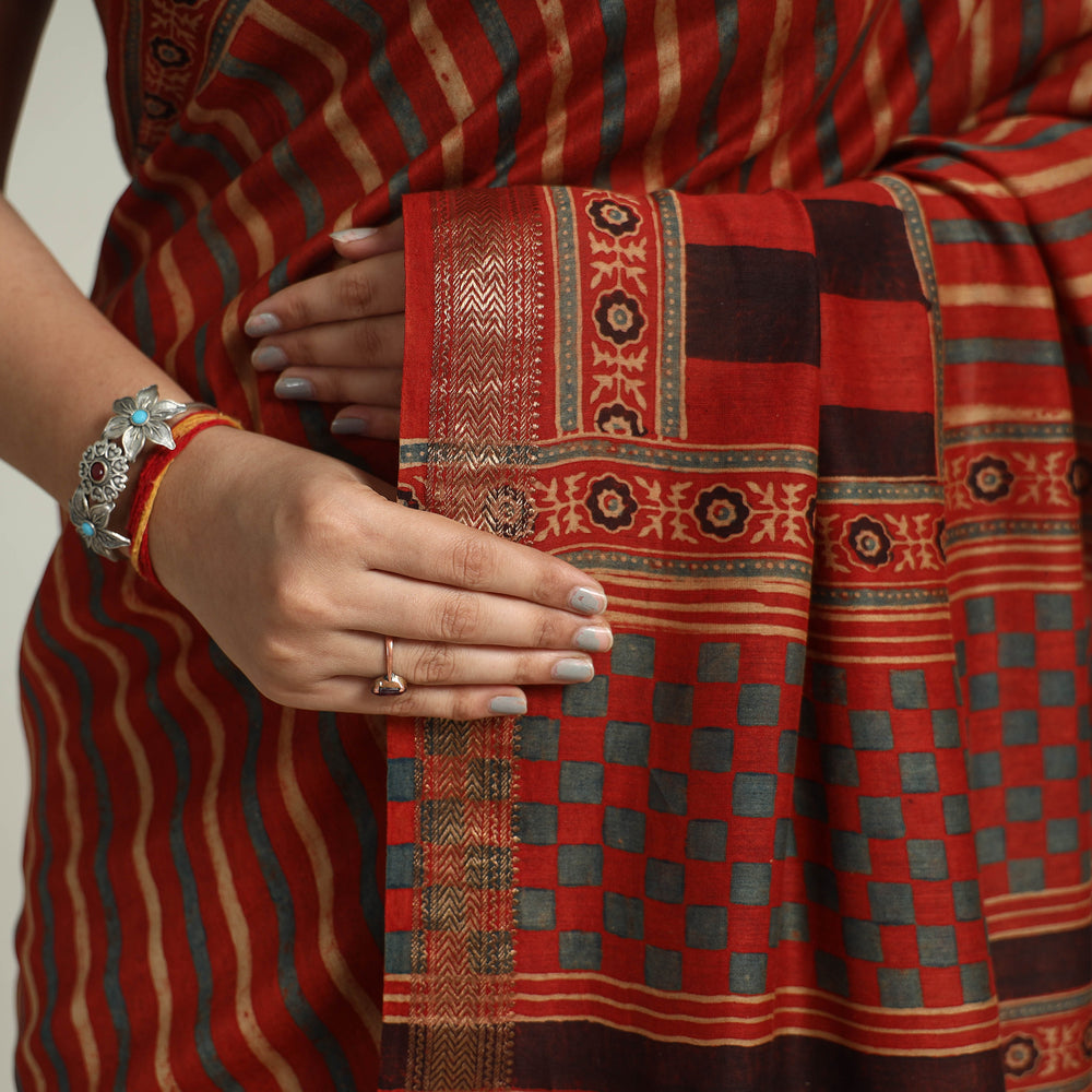 Red - Block Printed Chanderi Silk Ajrakh Saree 08