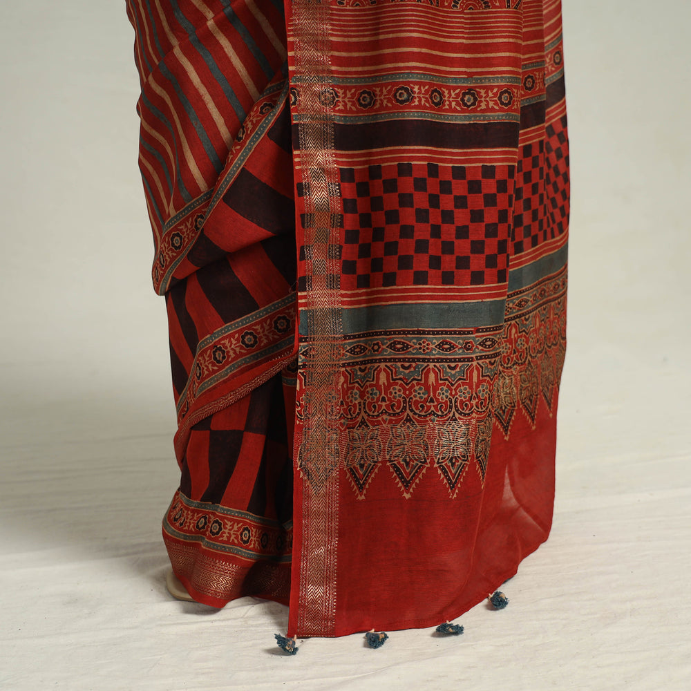 Red - Block Printed Chanderi Silk Ajrakh Saree 08