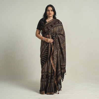 Black - Block Printed Chanderi Silk Ajrakh Saree 10