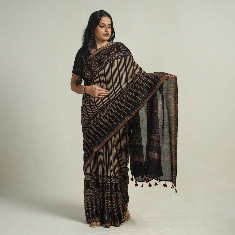 Black - Block Printed Chanderi Silk Ajrakh Saree 10