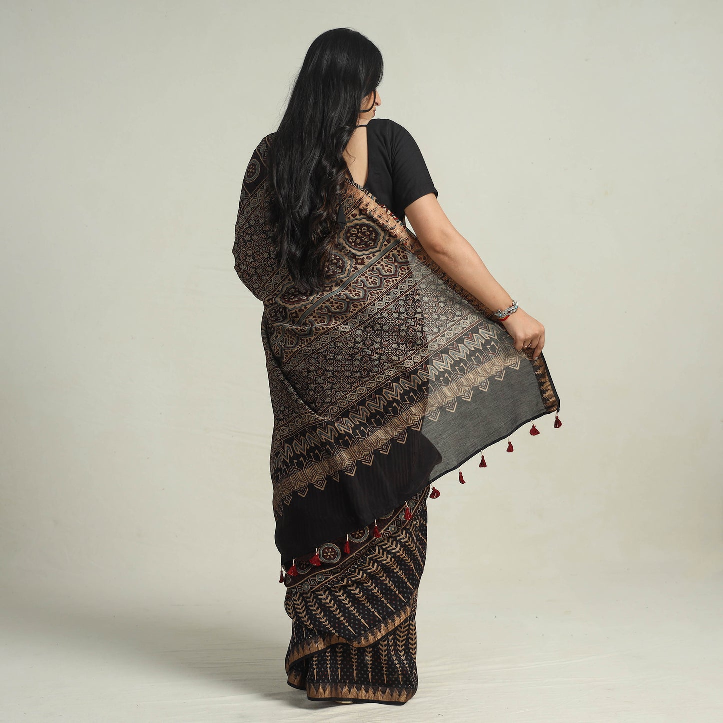 Black - Block Printed Chanderi Silk Ajrakh Saree 10