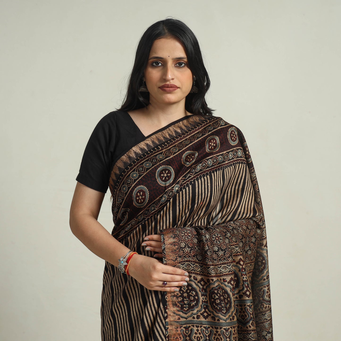 Black - Block Printed Chanderi Silk Ajrakh Saree 10