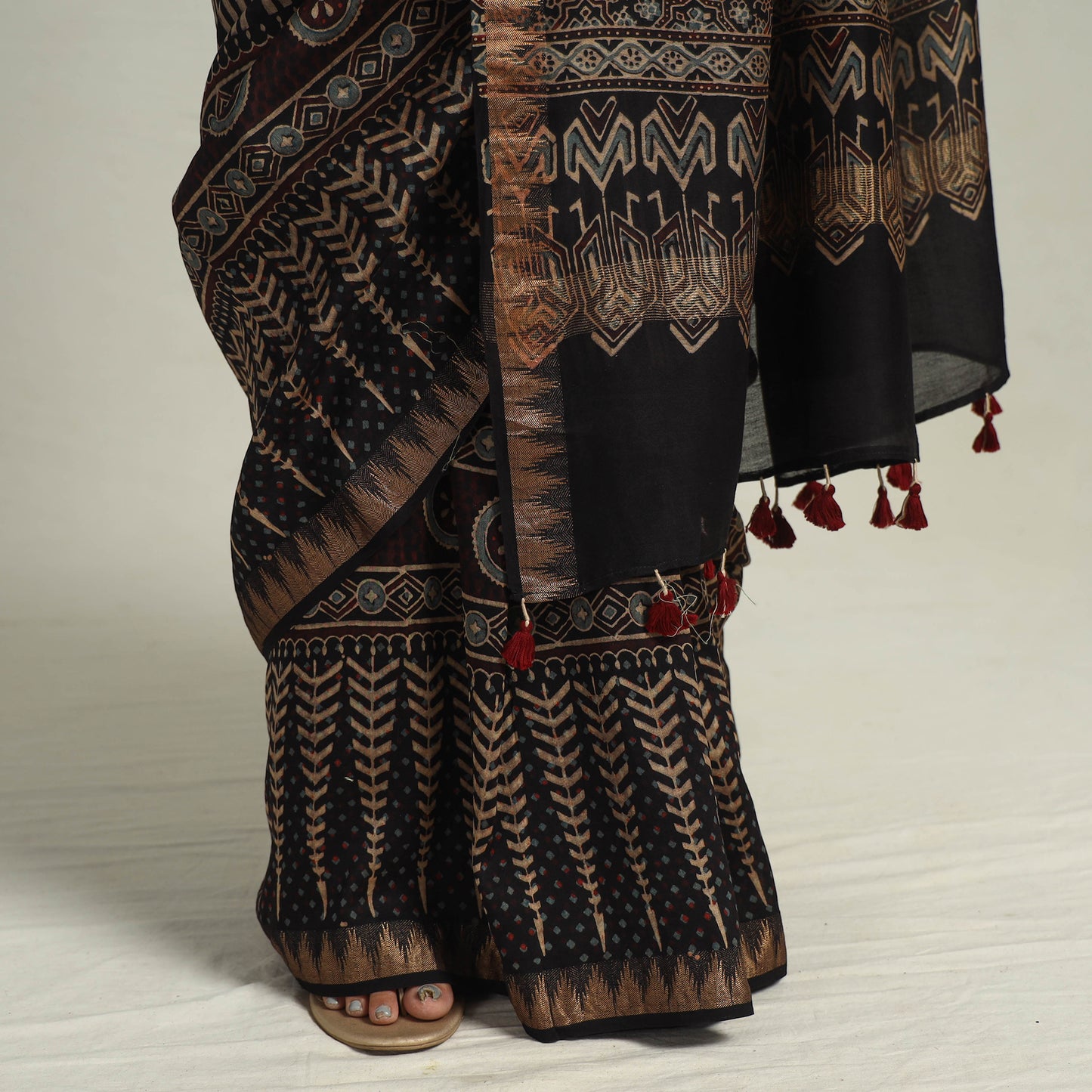 Black - Block Printed Chanderi Silk Ajrakh Saree 10