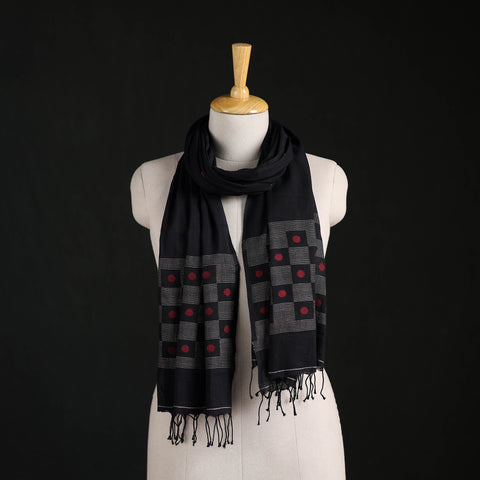 Black - Phulia Jamdani Pure Handloom Cotton Stole with Tassels 03