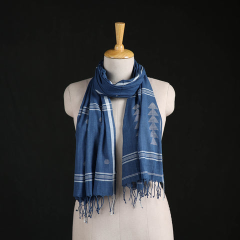 Blue - Phulia Jamdani Pure Handloom Cotton Stole with Tassels 04