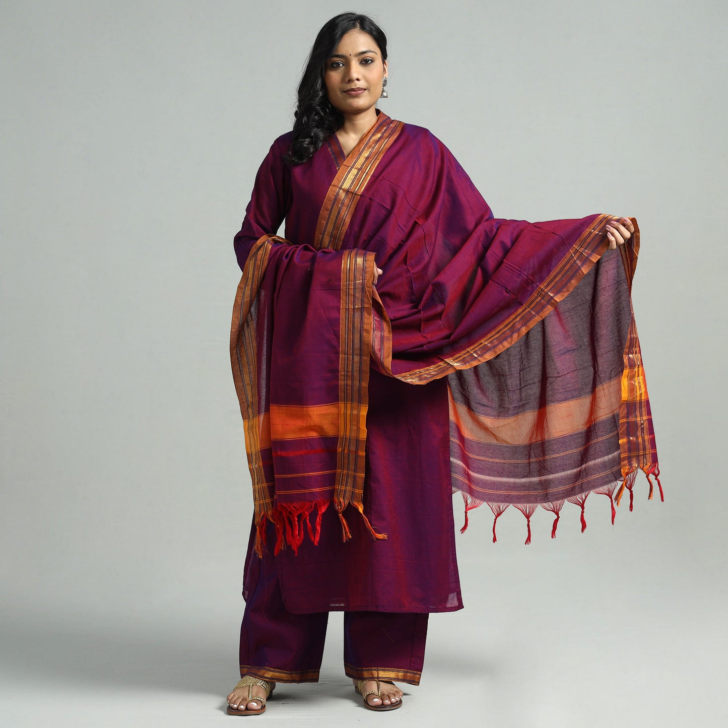 Dark Pink - Dharwad Cotton Kurta with Palazzo & Dupatta Set