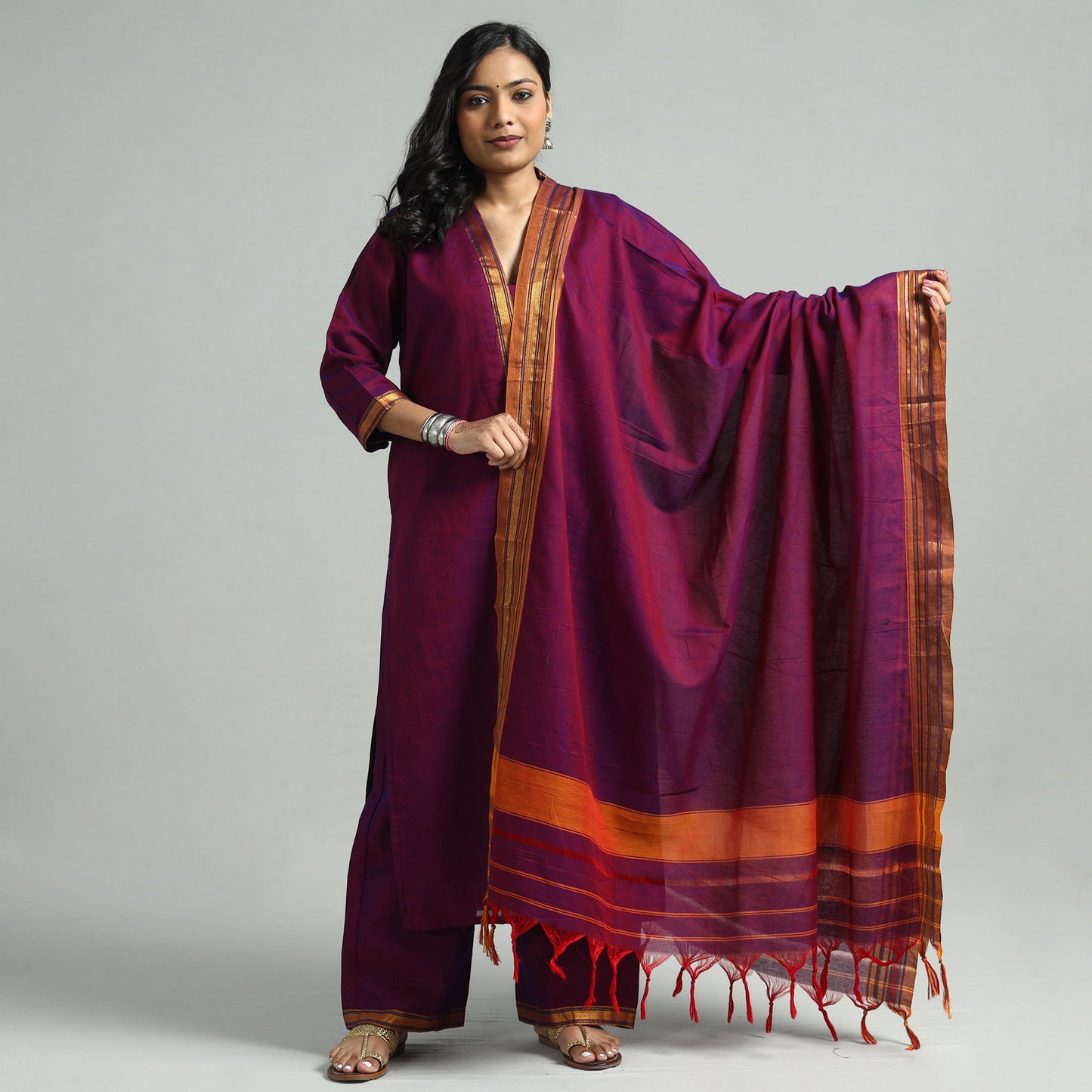 Dark Pink - Dharwad Cotton Kurta with Palazzo & Dupatta Set