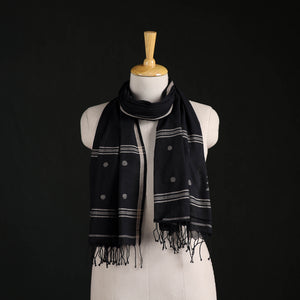 Black - Phulia Jamdani Pure Handloom Cotton Stole with Tassels 06