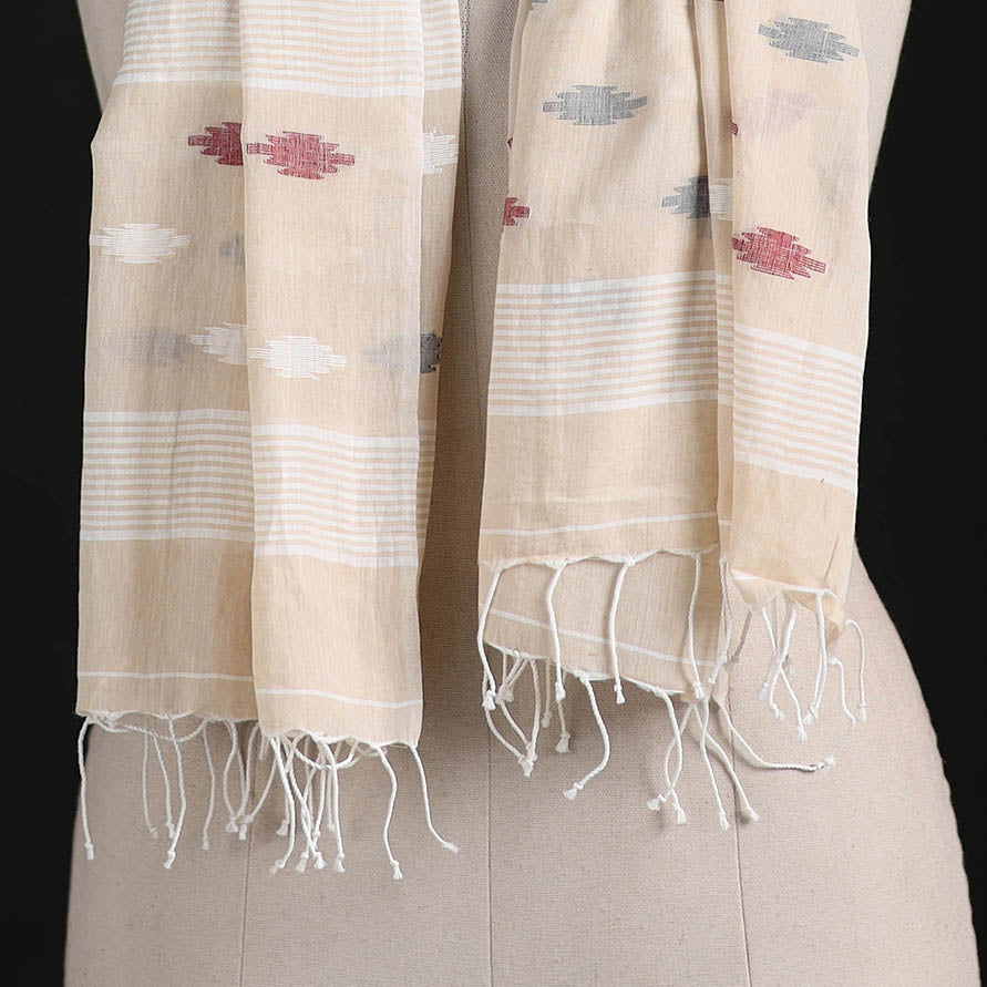 Phulia Jamdani Pure Handloom Cotton Stole with Tassels 07